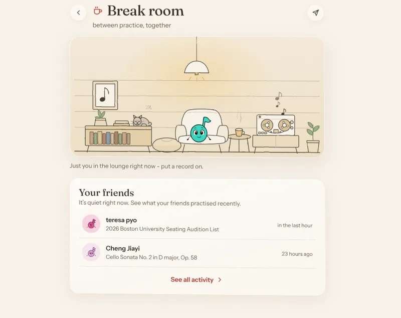 The Break Room in iMeetStand: a Meetie resting in an armchair in a drawn lounge, above a list of what friends practiced recently.