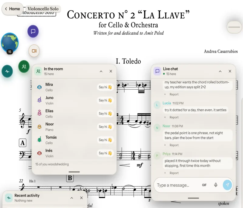iMeetStand's score view, open on a cello concerto. Over the score, one panel lists who is in the room, one carries their live chat, and one shows their recent activity.